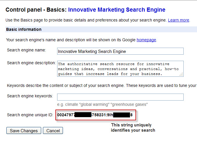 google custom search control panel