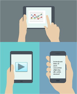 cartoon_hand_interacting_with_images_video_and_text_on_three_different_mobile_devices